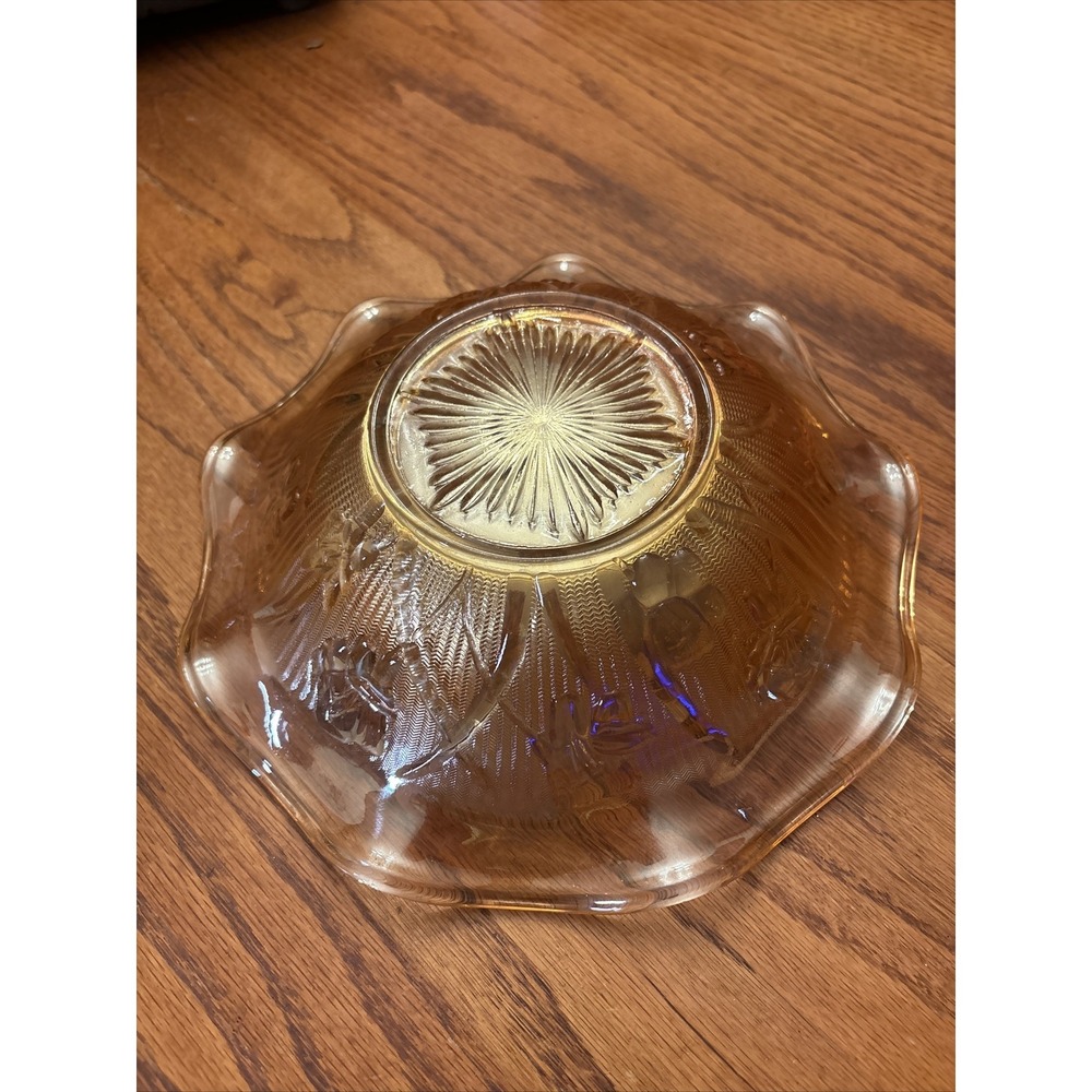 Vintage Marigold Carnival Glass Ruffled Bowl Iridescent Floral 11.5 Inch